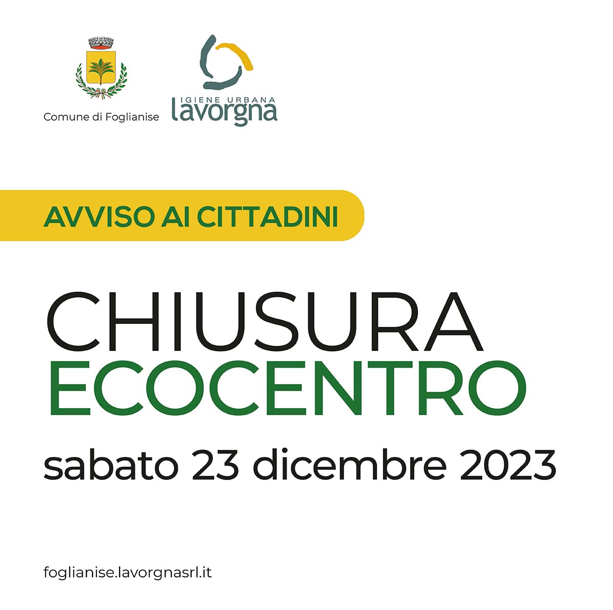 Chiusura Ecocentro il 23 dicembre 2023