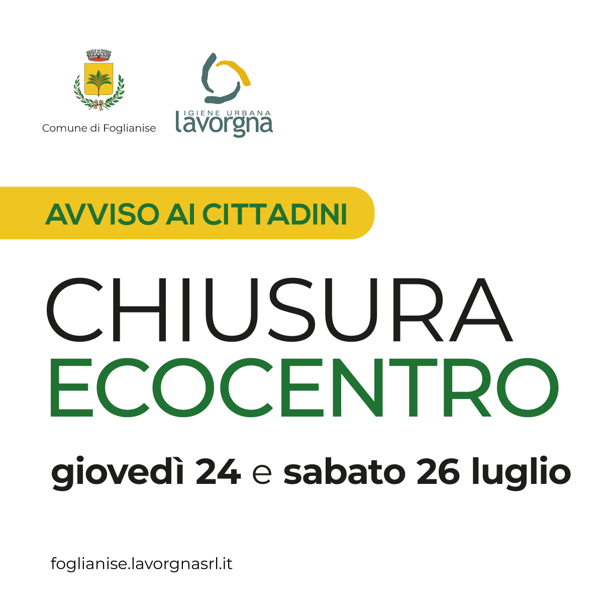 Avviso chiusura ecocentro giovedì 24 e sabato 26 luglio 2025