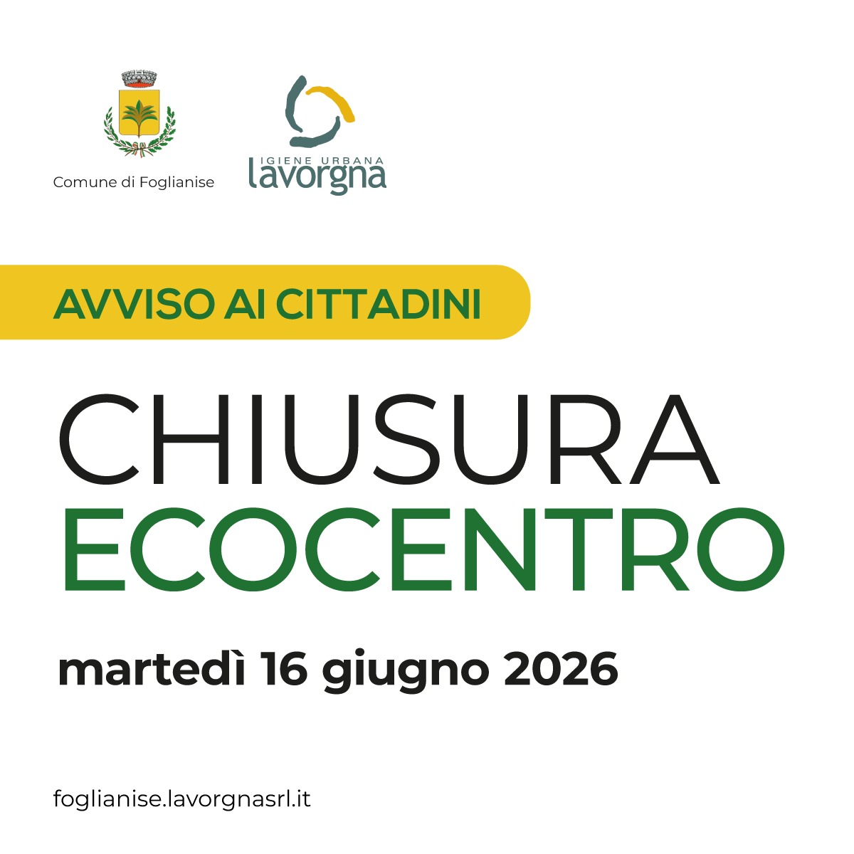 Chiusura ecocentro martedì 16 giugno 2026