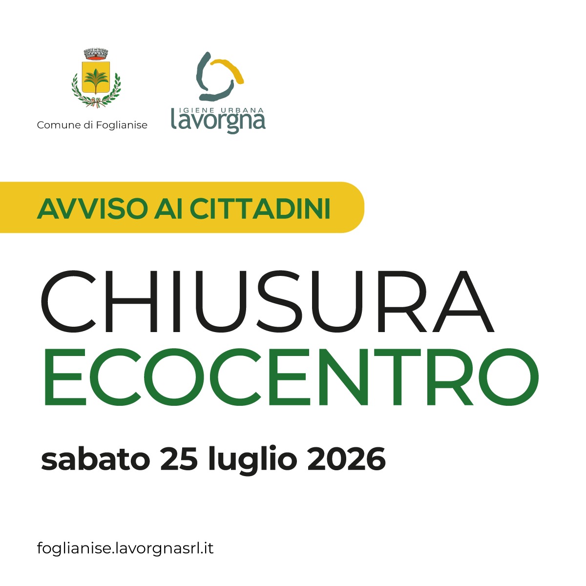 Avviso chiusura ecocentro sabato 25 luglio 2026
